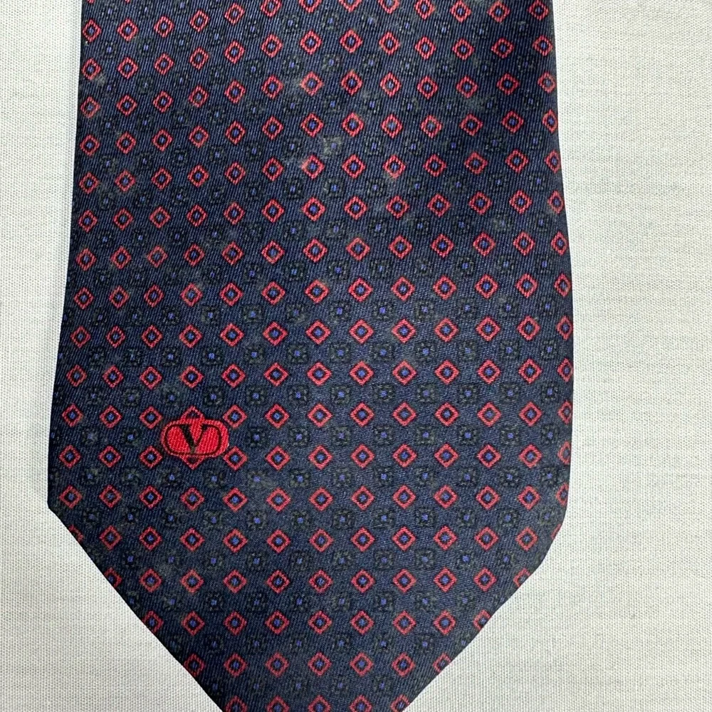 Valentino Dark Blue and Red Geometric Silk Tie - Picture 2 of 4
